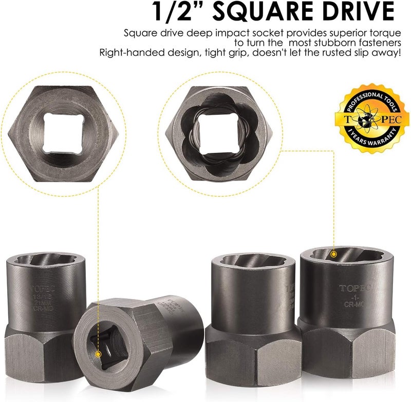 Topec 5-Piece Heavy Duty Bolt Remover Set, 1/2" Drive Impact Extractor Set, Perfect Tool Kit for Removing Stripped, Damaged, Rounded off and Rusted Bolts & Nuts, and Shorter Profile Lug Nuts - Image 3